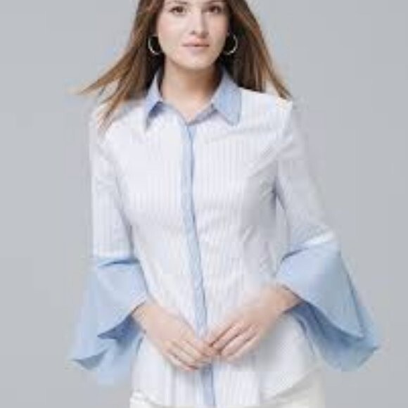 White House Black Market blue top  Sofia stripe button up collar shirt size 8 - Picture 2 of 14